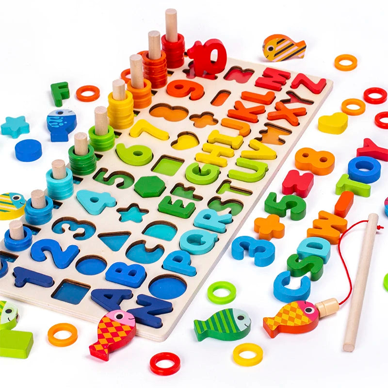 3D Preschool Children Educational Toys Wooden Montessori Arithmetic Magnetic Fishing Digital Shape Matching Building Block Toys - Smarsty
