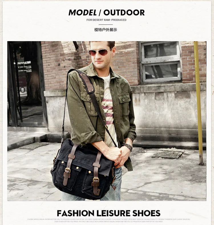 Vintage Leather Canvas Messenger Bag Unisex Crossbody - Smarsty