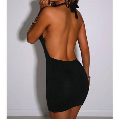 Black Bodycon Dress Women Halter Sexy Skinny Hollow Out Backless Mini Dresses Hot Summer Sleeveless Beach Party Cut Out Dress - Smarsty
