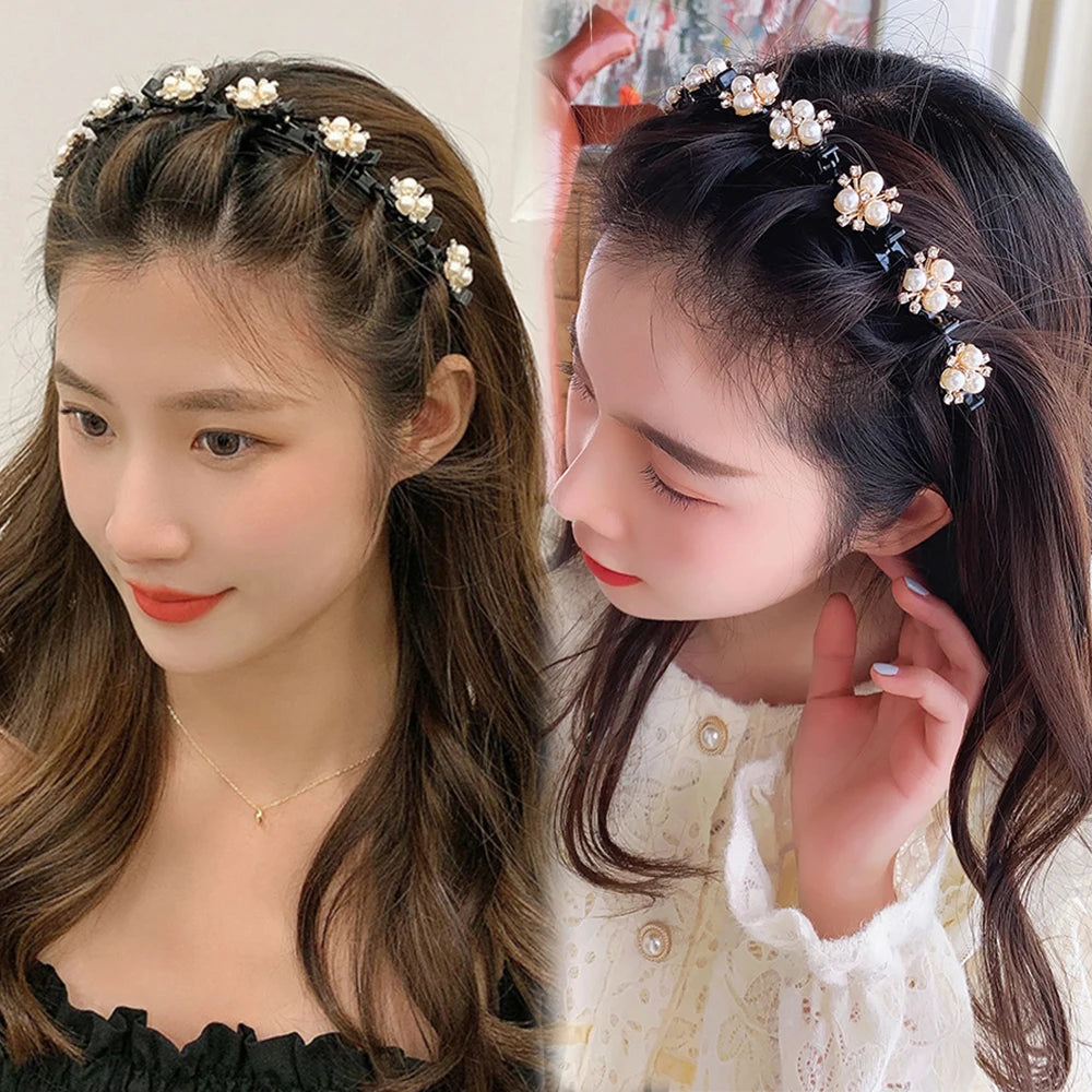 Double Layer Braided Headband With Pearl Accent Comfortable - Smarsty