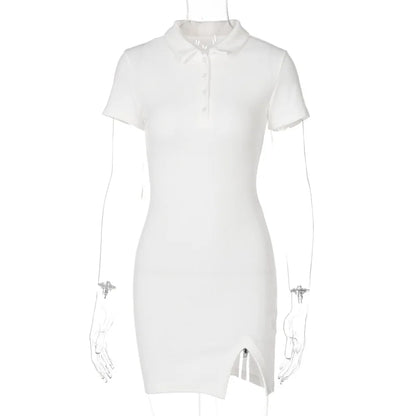 Short Sleeve Slit Sexy Mini Dress Summer Women Fashion Streetwear Outfits Cute Solid Party Clothing - Smarsty