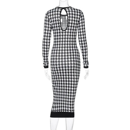 Houndstooth Print Women Long Sleeve Midi Dress Hollow Out Bodycon Sexy Streetwear 2022 Autumn Winter Club Elegant Slim - Smarsty