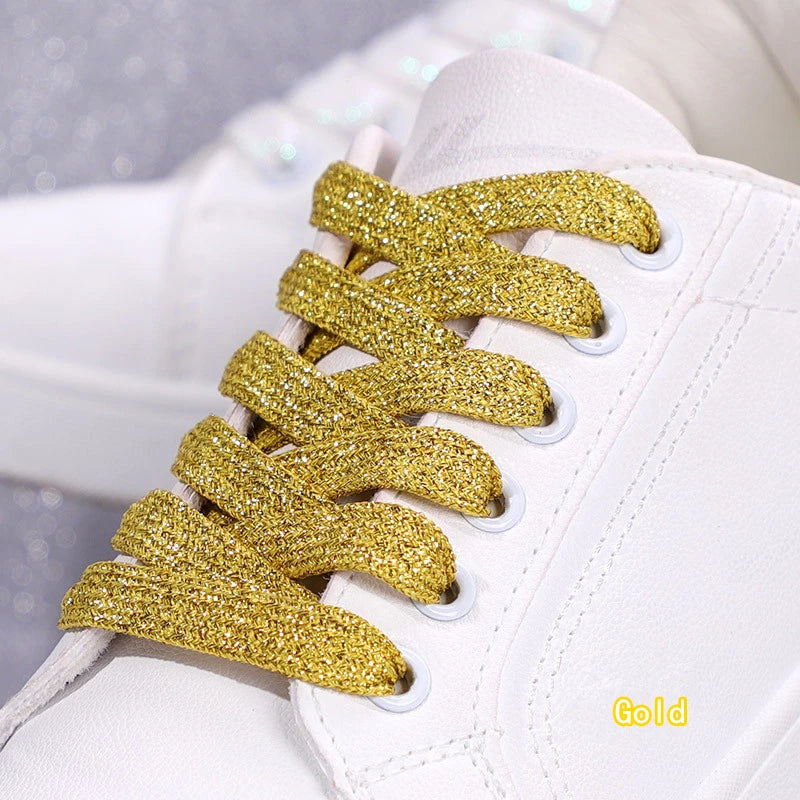 1Pair Fashion Glitter Shoelaces Colorful Flat Shoe laces for Athletic Running Sneakers Shoes Boot 1CM Width Shoelace Strings