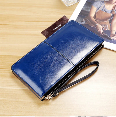 Women's Vintage Oil Wax PU Leather Clutch Wallet Female Large Capacity Phone Purse Ladies Wristband Simple Card Holder Pouch Bag - Smarsty