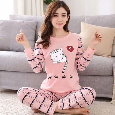 Autumn Thin 2pieces Pyjamas Set Women 2025 Round Neck Girls Bear Pajamas Sets Teacup Cat Full Sleepwear Tops lovers Pajama Mujer - Smarsty