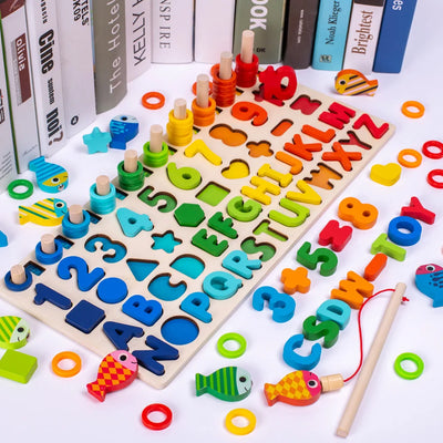 3D Preschool Children Educational Toys Wooden Montessori Arithmetic Magnetic Fishing Digital Shape Matching Building Block Toys - Smarsty