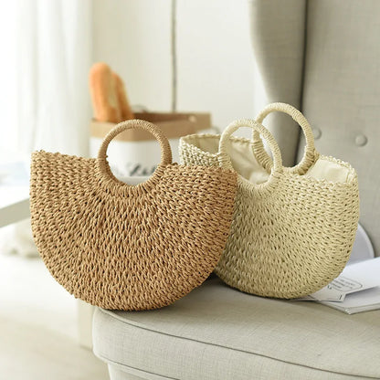 Summer Handmade Straw Bag for Women Beach Tote Moon Shaped - Smarsty
