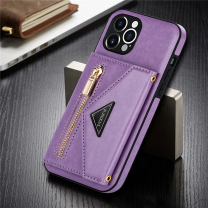 Zipper Wallet Phone Case For iPhone 14 13 12 11 X XS XR Leather Card Back Crossbody Strap Leather Magnetic Wallet Phone Case by Smarsty