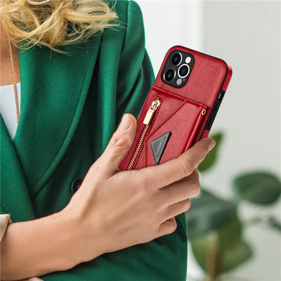 Zipper Wallet Phone Case For iPhone 14 13 12 11 X XS XR Leather Card Back Crossbody Strap Leather Magnetic Wallet Phone Case by Smarsty
