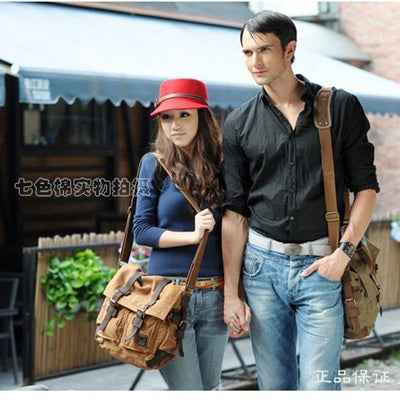 Vintage Leather Canvas Messenger Bag Unisex Crossbody - Smarsty