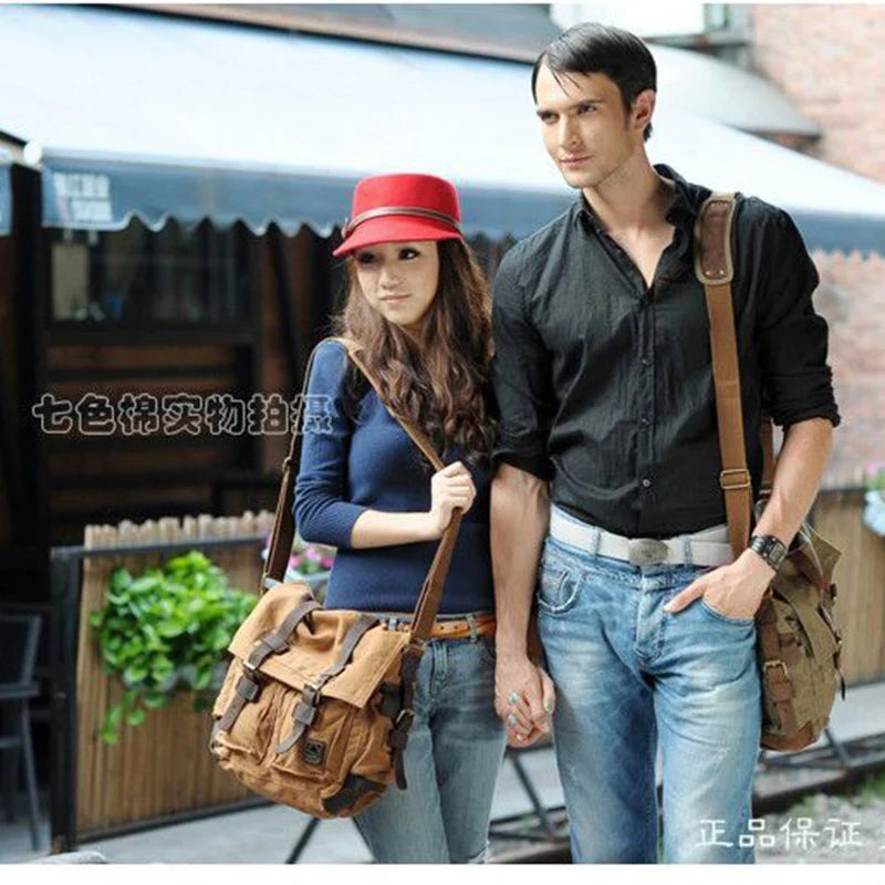 Vintage Leather Canvas Messenger Bag Unisex Crossbody - Smarsty
