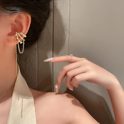 Zircon C Shape Long Tassel Ear Cuffs No Piercing Earrings - Smarsty