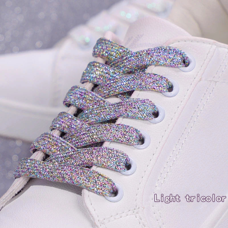 1Pair Fashion Glitter Shoelaces Colorful Flat Shoe laces for Athletic Running Sneakers Shoes Boot 1CM Width Shoelace Strings