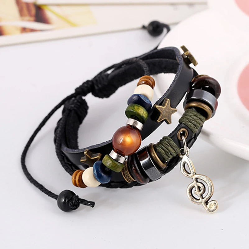 Handmade Boho Leather Charm Bracelet Adjustable Unisex - Smarsty