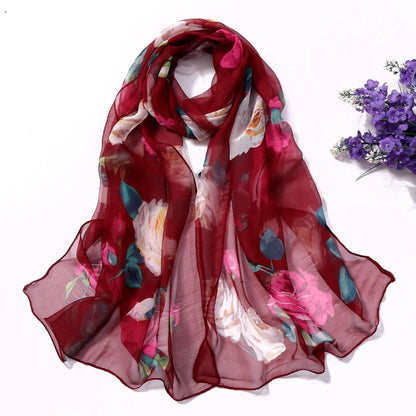 Women Silk Floral Scarf Long Sunscreen Beach Wrap - Smarsty