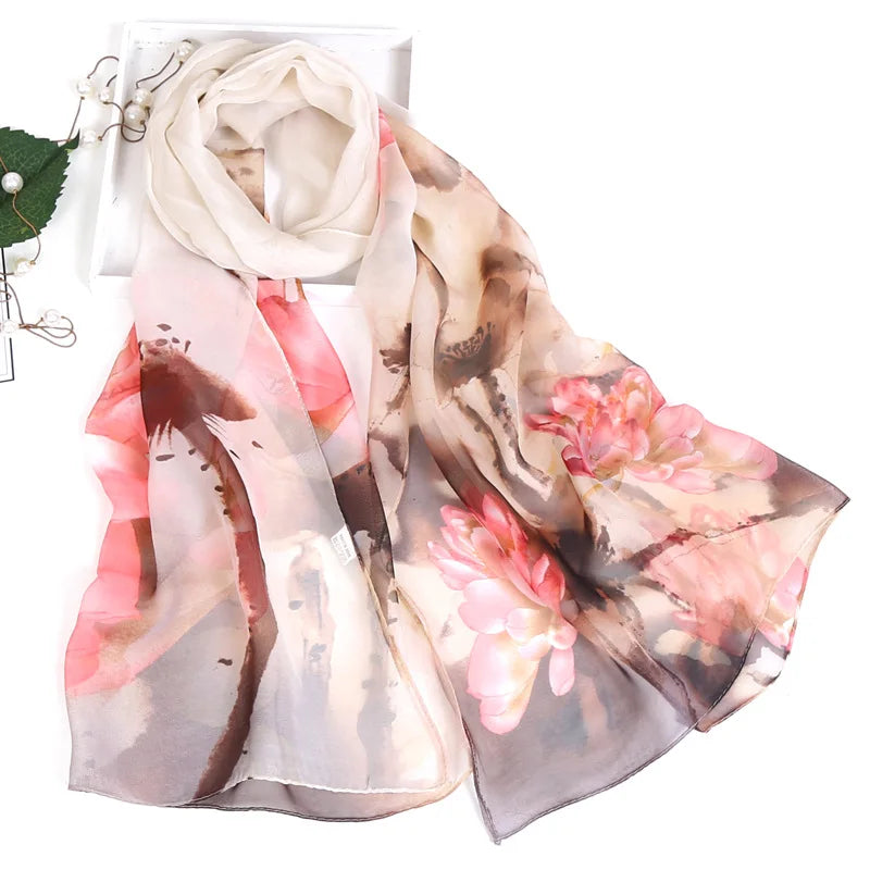 Women Silk Floral Scarf Long Sunscreen Beach Wrap - Smarsty