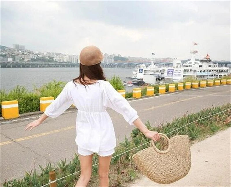 Summer Handmade Straw Bag for Women Beach Tote Moon Shaped - Smarsty