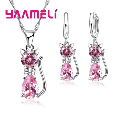 Real 925 Sterling Silver Cat Jewelry Set with Austrian Crystals - Smarsty
