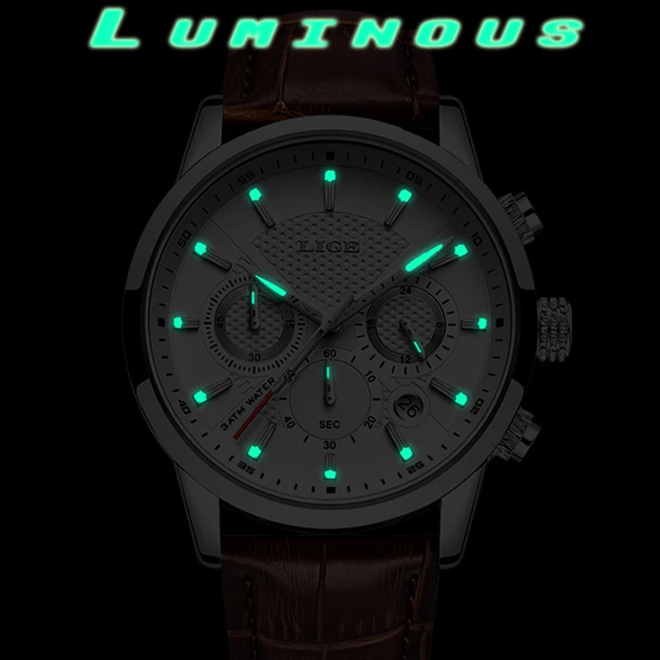 LIGE Luxury Men's Leather Sport Watch with Chronograph - Smarsty