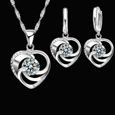 Sterling Silver Love Heart Necklace Earrings Set - Smarsty