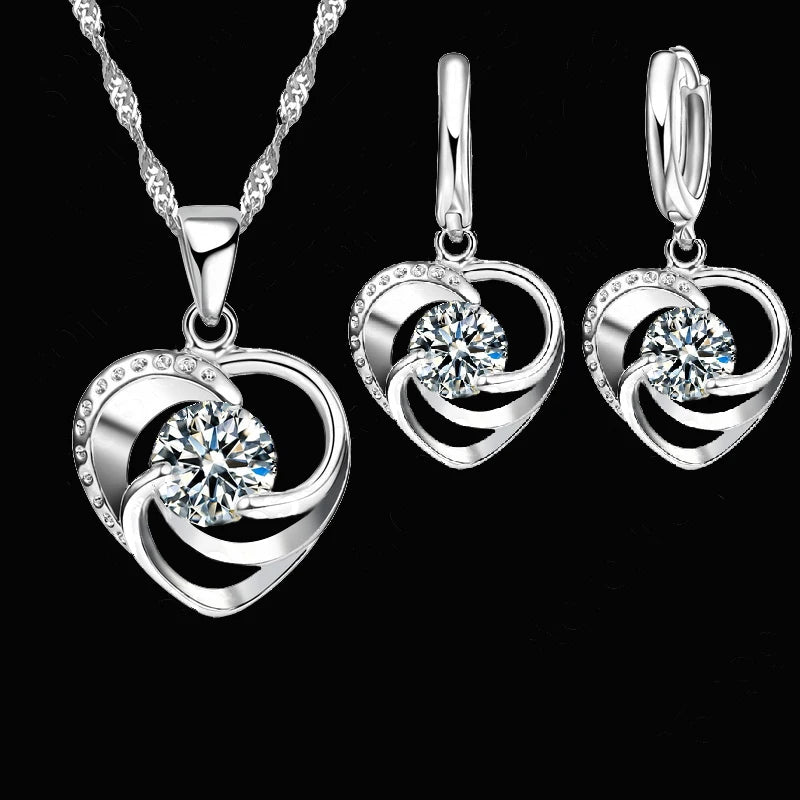 Sterling Silver Love Heart Necklace Earrings Set - Smarsty