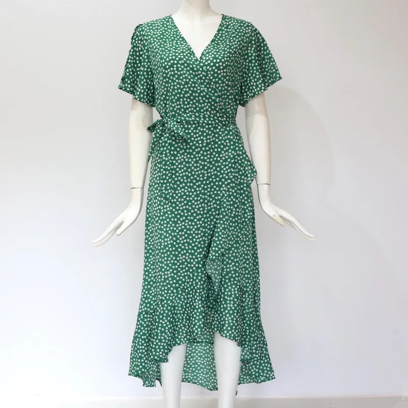Summer Beach Maxi Dress Women Floral Print Boho Long Chiffon Dress Ruffles Wrap Casual V-Neck Split Sexy Party Dress Robe Femme - Smarsty