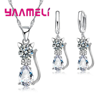 Real 925 Sterling Silver Cat Jewelry Set with Austrian Crystals - Smarsty