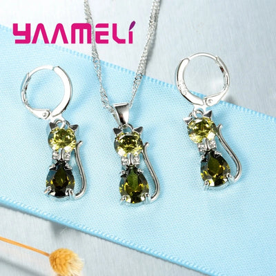 Real 925 Sterling Silver Cat Jewelry Set with Austrian Crystals - Smarsty