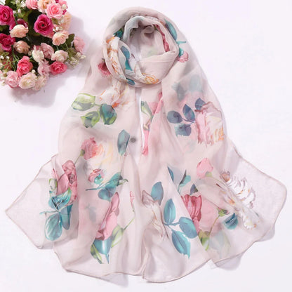 Women Silk Floral Scarf Long Sunscreen Beach Wrap - Smarsty