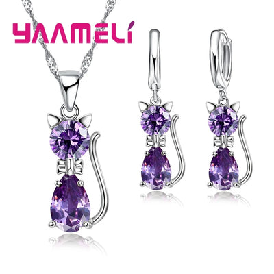 Real 925 Sterling Silver Cat Jewelry Set with Austrian Crystals - Smarsty
