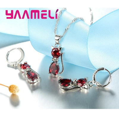 Real 925 Sterling Silver Cat Jewelry Set with Austrian Crystals - Smarsty