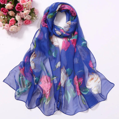 Women Silk Floral Scarf Long Sunscreen Beach Wrap - Smarsty