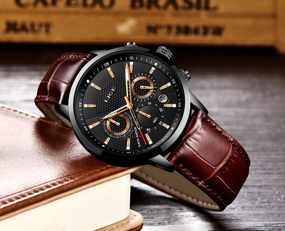 LIGE Luxury Men's Leather Sport Watch with Chronograph - Smarsty