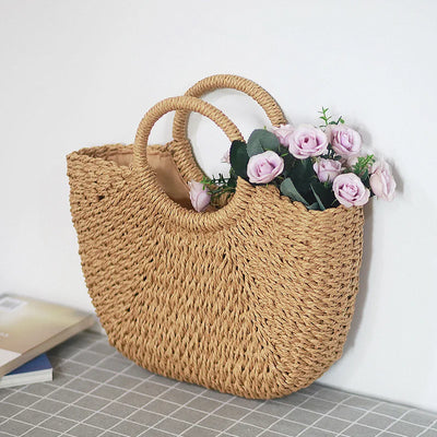 Summer Handmade Straw Bag for Women Beach Tote Moon Shaped - Smarsty