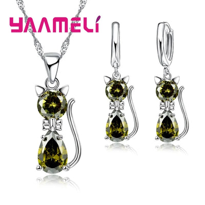 Real 925 Sterling Silver Cat Jewelry Set with Austrian Crystals - Smarsty