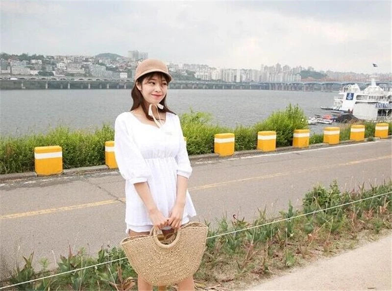 Summer Handmade Straw Bag for Women Beach Tote Moon Shaped - Smarsty