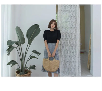 Summer Handmade Straw Bag for Women Beach Tote Moon Shaped - Smarsty