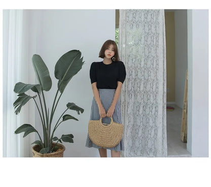 Summer Handmade Straw Bag for Women Beach Tote Moon Shaped - Smarsty