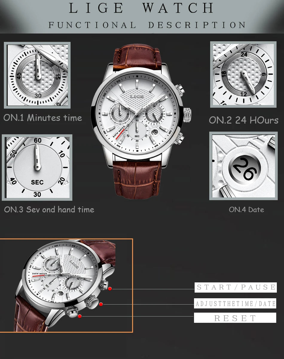 LIGE Luxury Men's Leather Sport Watch with Chronograph - Smarsty