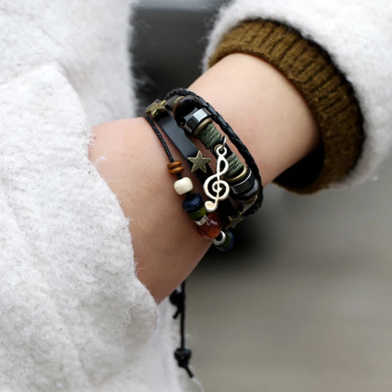 Handmade Boho Leather Charm Bracelet Adjustable Unisex - Smarsty