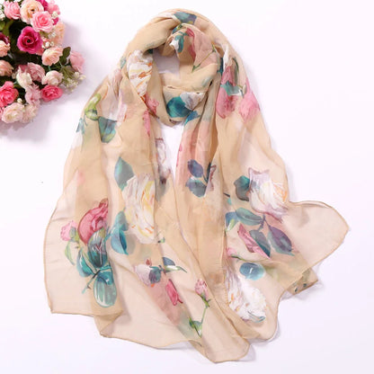 Women Silk Floral Scarf Long Sunscreen Beach Wrap - Smarsty