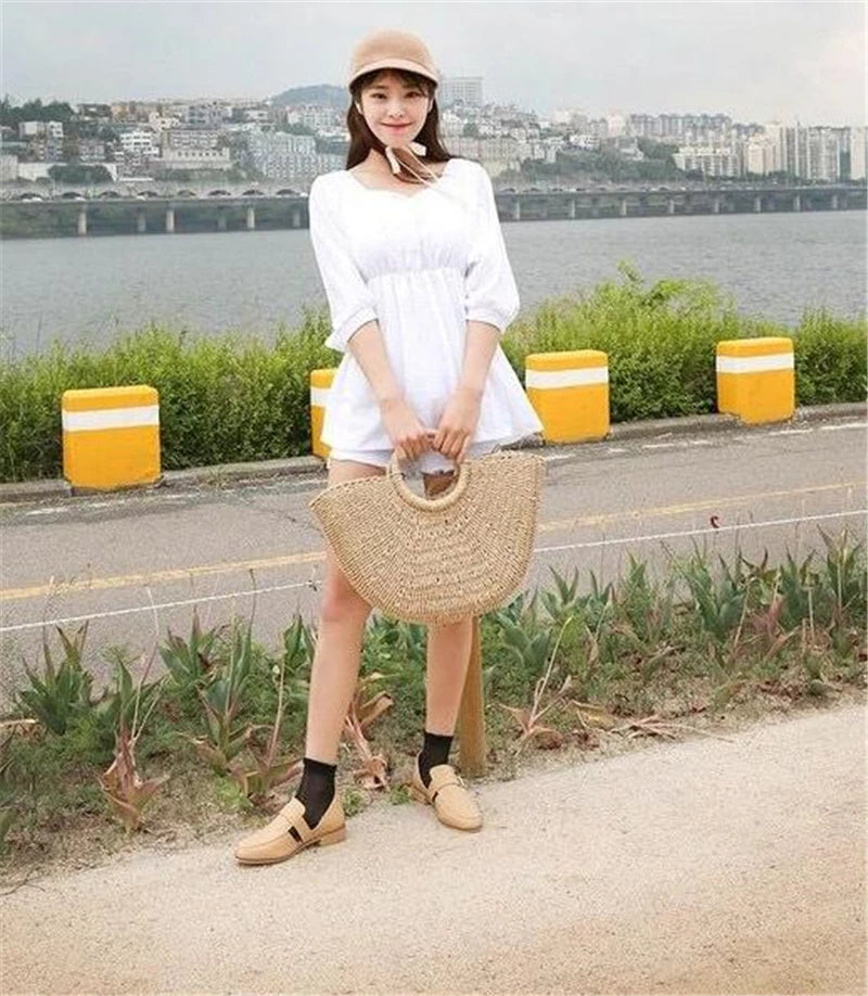 Summer Handmade Straw Bag for Women Beach Tote Moon Shaped - Smarsty