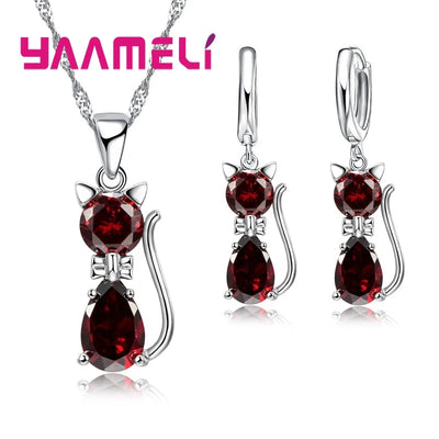 Real 925 Sterling Silver Cat Jewelry Set with Austrian Crystals - Smarsty
