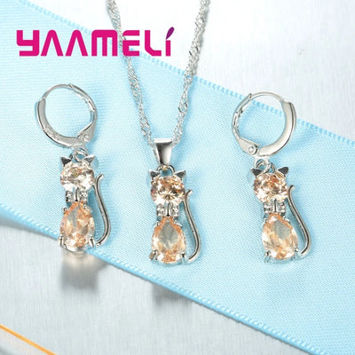 Real 925 Sterling Silver Cat Jewelry Set with Austrian Crystals - Smarsty