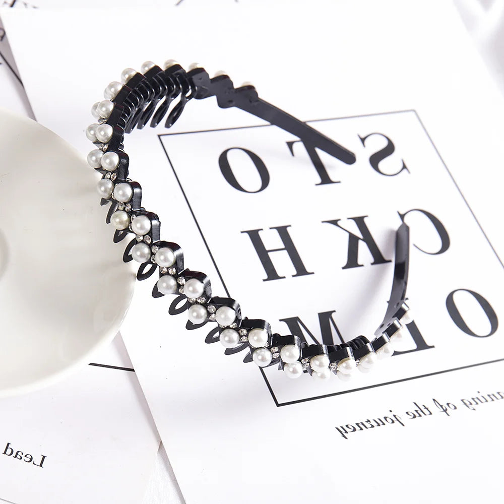 Double Layer Braided Headband With Pearl Accent Comfortable - Smarsty