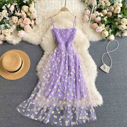 YuooMuoo Korean Fashion Daisy Flower Print Mesh Party Dress Summer Two Layers Spaghetti Strap Vacation Midi Dress Beach Vestidos - Smarsty