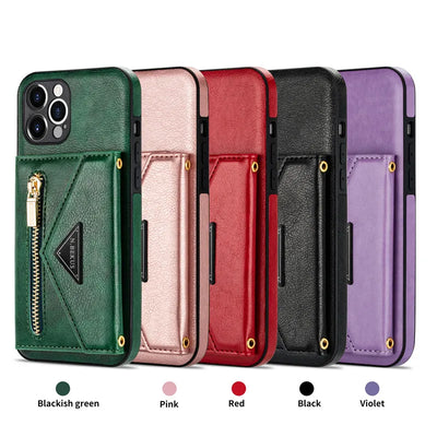 Zipper Wallet Phone Case For iPhone 17 Air 16 Plus 16E 15 Pro Max Leather Card Back Crossbody Strap Leather Magnetic Wallet Phone Case by Smarsty