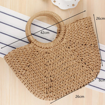 Summer Handmade Straw Bag for Women Beach Tote Moon Shaped - Smarsty