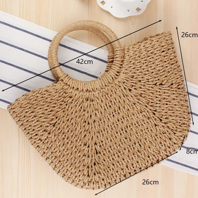 Summer Handmade Straw Bag for Women Beach Tote Moon Shaped - Smarsty