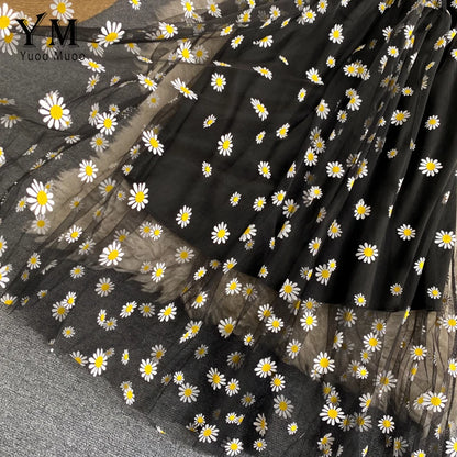 YuooMuoo Korean Fashion Daisy Flower Print Mesh Party Dress Summer Two Layers Spaghetti Strap Vacation Midi Dress Beach Vestidos - Smarsty